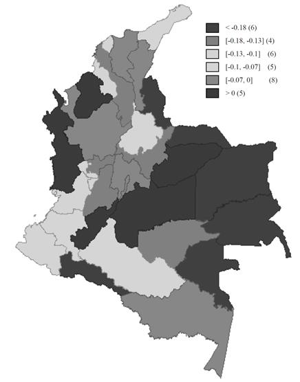 Impactos de choques positivos de tasa de interés del 1% acumulado anual sobre el crecimiento económico tres años después en departamentos de Colombia