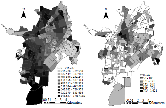 Housing Prices per Square Meter (left) and Homicide Rates (right) in Cali