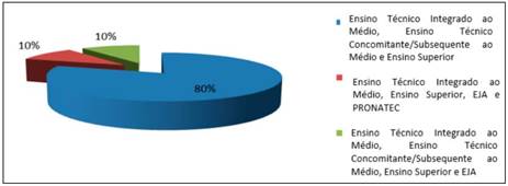 Porcentagem dos níveis/modalidades de ensino contemplados na prática das psicólogas escolares e educacionais nos IFPIs.