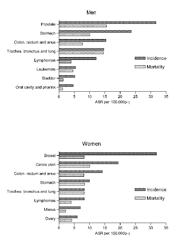 Incidence and mortality due to cancer - First locations by gender (AAR per 100,000 people-year). Manizales, 2003-2007
