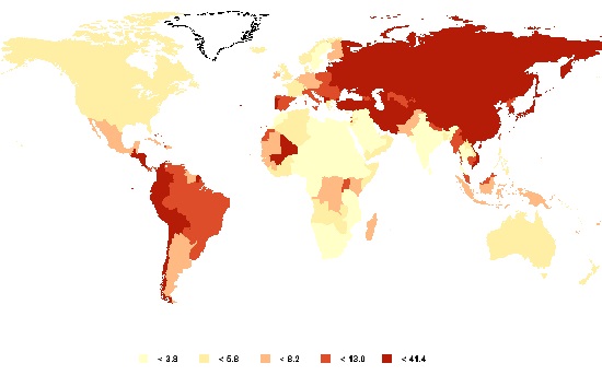 Age-standardized gastric cancer incidence rates, both sexes. GLOBOCAN 2008.3
