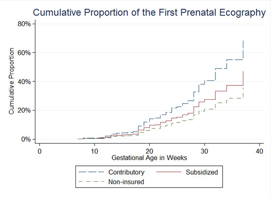 Cumulative Proportion of Access to the First Prenatal Ultrasound during the Pregnancy Control over the Gestational Age, by Health Insurance Scheme.