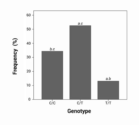 Comparison of the three genotypes in the total sample: a significant statistical differences for C/C, b significant statistical differences for C/T, c significant statistical differences for T/T. All the analysis were obtained by Chi square p< 0.05.