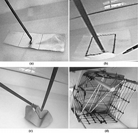 Cutting tests: (a) C1-Aluminum: to cut three squares following a pre-established path in aluminum fail, (b) C2-Figure: to cut a rectangle following a pre-established path in a sheet of paper, (c) C3-Half-balloon: to cut a circle following a pre-established path in an elastic balloon, and (d) C4-Mesh: cut the white threads from a mesh made of different color threads.
