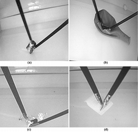 Dissection tests: (a) Di1-Plastic: to remove the plastic foil that covers a Play-Doh ball without scratching it, (b) Di2-Surgery: to remove three plastic spheres from an elastic balloon throughout a pre-established cutting path, (c) Di3-Glass: to remove an aluminum foil from around a glass ball without breaking the foil., and (d) Di4-Foam: to remove a foam-block glued to a surface without damaging the foam.