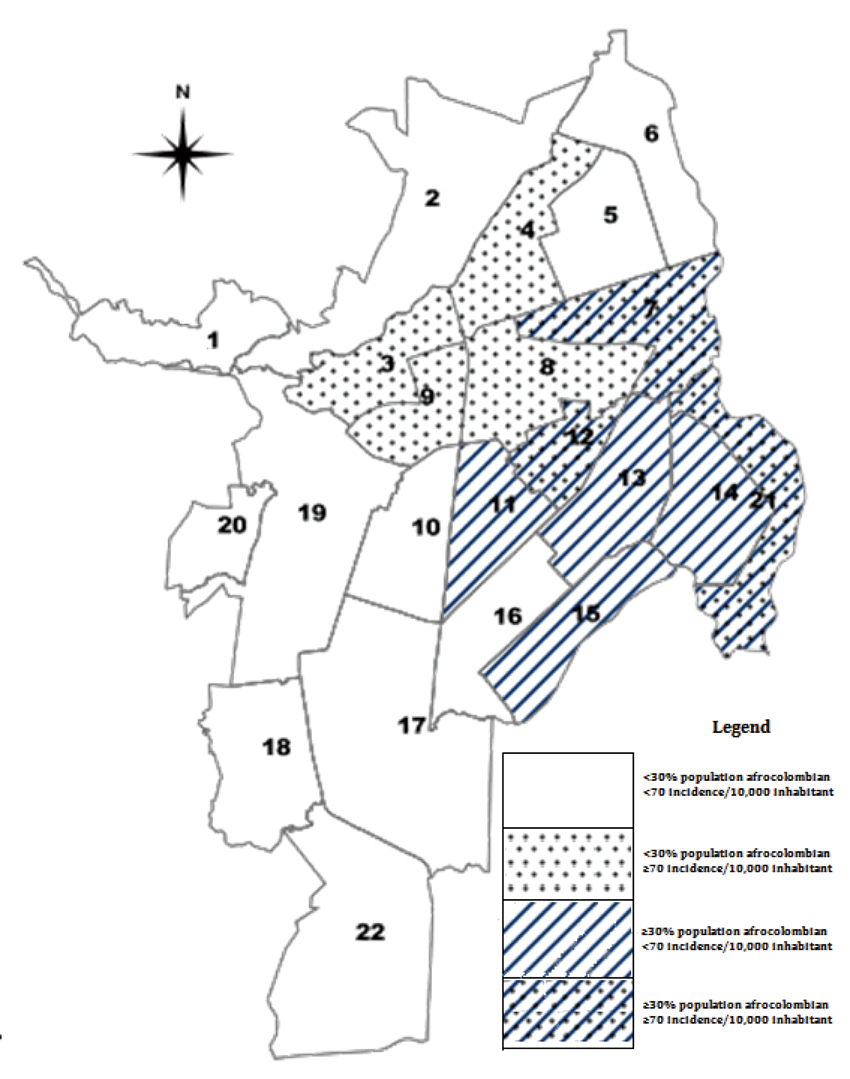 Overlay between distribution of population Afro-Colombians and dengue risk by communes, Cali, 2013. Four groups of communes were grouped according to AfroColombian population distribution and the risk of dengue.