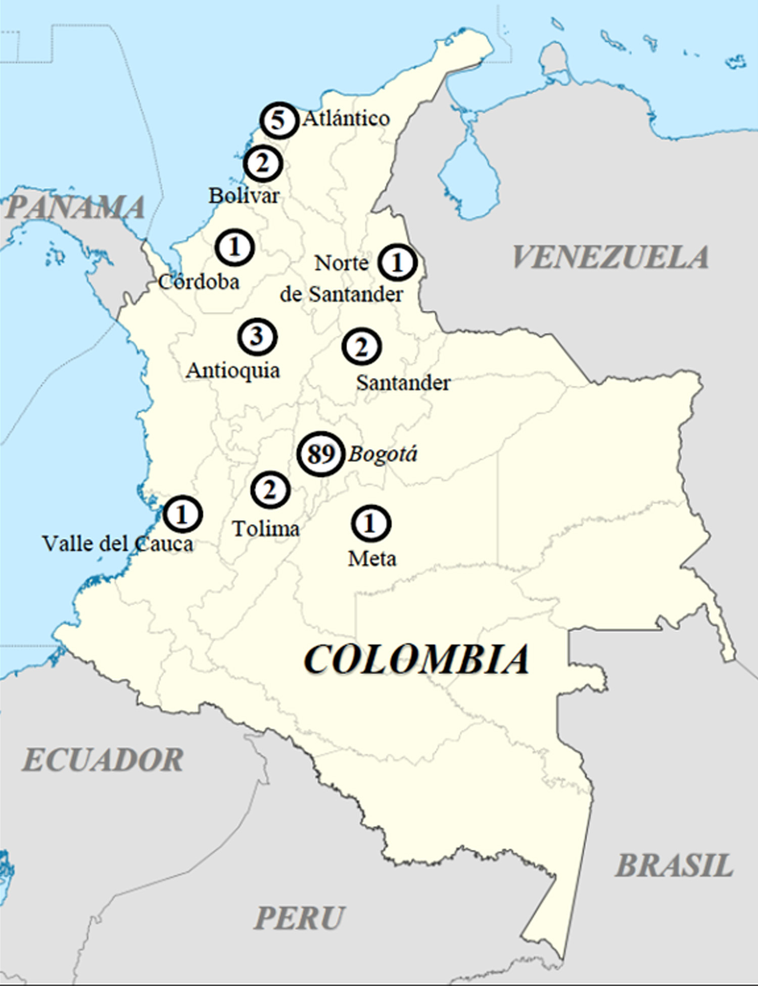 Mutation distribution in Colombia. Numbers of patients carrying mutations in each region are specified inside the dark circles.