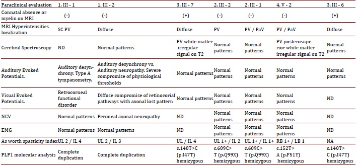 Results from the paraclinical evaluation of patients with Pelizaeus Merzbacher Disease.