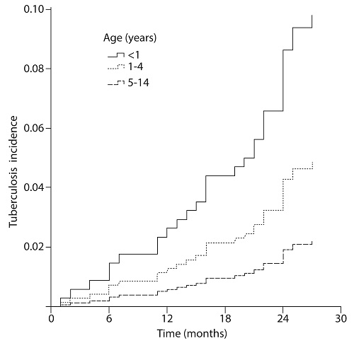 Risk to develop active tuberculosis by age group in children household contacts of adult patients with pulmonary tuberculosis, in three Colombian cities, 2005-2009. Log-rank= 10.10, p= 0.006. Age groups 5-9 and 10-14 years were grouped in one because they had a similar trend.