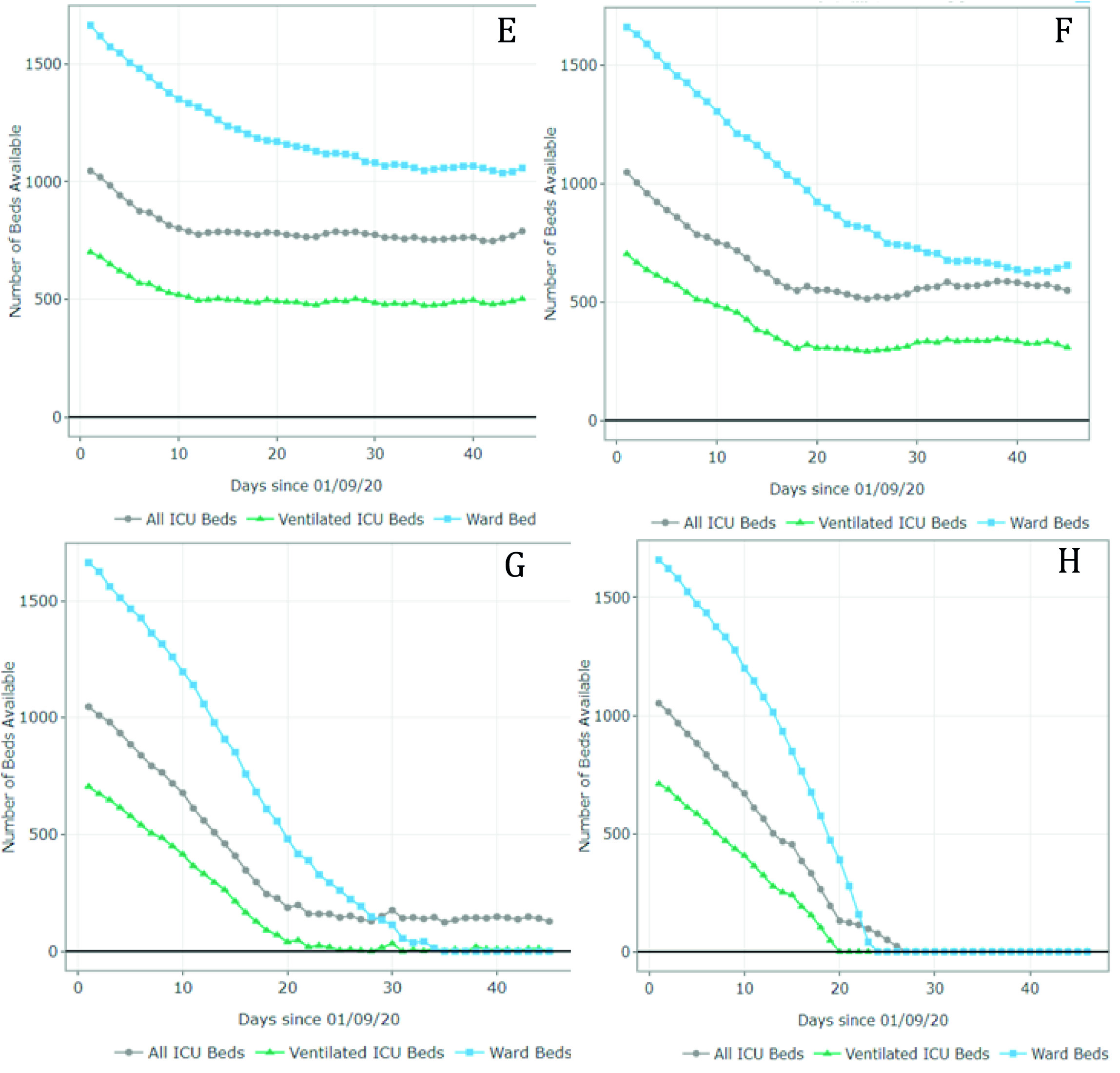 Number of ward and ICU beds (ventilated and non ventilated) that are available for use by patients with COVID-19 per day, between September 1st and October 15th. Scenario E - quarantine decreed in September (daily growth of 2%) - 67,694 cases by October 15th; Scenario F - partial restrictions continue in September(daily growth of 4%) - 80,389 cases by October 15th; Scenario G - partial restrictions continue in September (daily growth of 8%) - 101,489 cases by October 15th; Scenario H - No restrictions after September 1st (daily growth of 10%) - 208,502 cases by October 15th. Patients must wait for beds to become available when full occupancy is reached. Patients waiting for beds and ventilators results in higher mortality rates. 