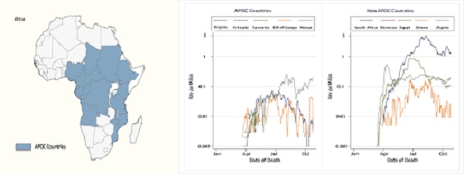 African Programme for Onchocerciasis Control (APOC) and Covid-19. 1A. Countries that participated in the APOC. APOC countries: Angola, Burundi, Cameroon, Central African Republic, Chad, Congo, Democratic Republic of Congo, Ethiopia, Equatorial Guinea, Gabon, Kenya, Liberia, Malawi, Mozambique, Nigeria, Rwanda, Sudan, Tanzania and Uganda. NON-APOC countries: South Africa, Egypt, Morocco, Algeria, Ghana, Senegal, Libya, Ivory Coast, Zambia, Guinea, Namibia, Tunisia, Zimbabwe, Mauritania, Djibouti, Eswatini, Cabo Verde, Gambia, Somalia, Eritrea, Seychelles, Mali, Botswana, Guinea-Bissau, Benin, Sierra Leone, Burkina Faso, Togo, Lesotho, Niger, South Sudan, Sao Tome and Principe, Republic of Madagascar, Comoros, Mauritius. 1B. Daily COVID-19 mortality rates per million according to time and APOC status.