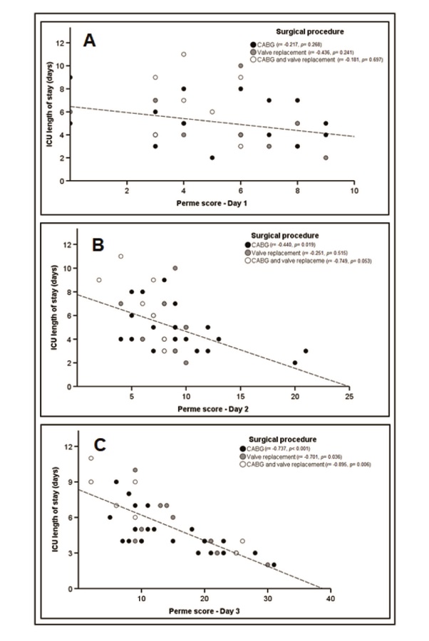 Association between the Perme Score and the first three days of ICU stay, according to the surgical procedure performed. Definition of abbreviations: Day 1 = first postoperative day; Day 2 = second postoperative day; Day 3 = third postoperative day; ICU = intensive care unit. *Perme ICU mobility scores range from 0 to 32, with higher scores indicating better mobility level.