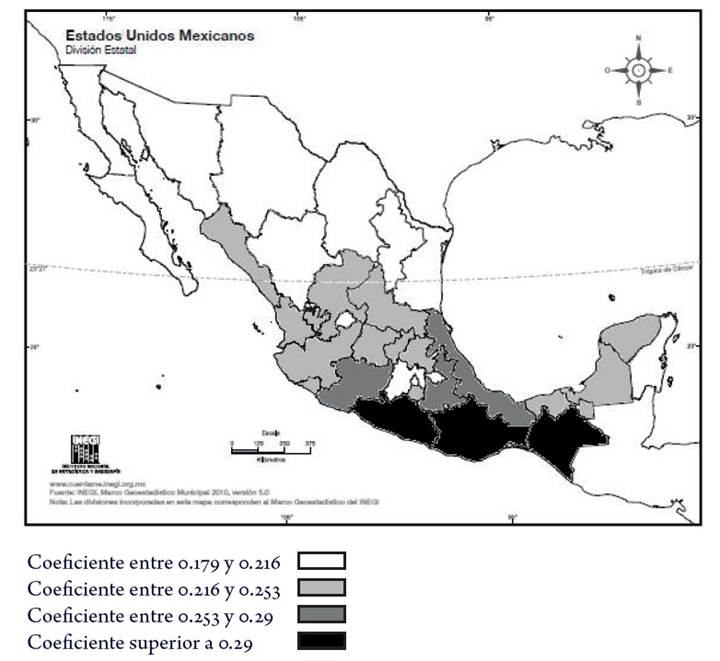 Coeficientes de Gini para la educación en los estados mexicanos para la población de ambos géneros de 25 años y más en 2015
