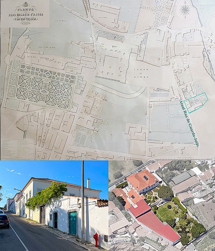 “Planta do Real Palácio d’Ajuda e das suas cercanias, 1869”. Litografia colorida. PNA, inv. 43089. Abaixo: duas vistas da casa que foi de João António Pinto da Silva, na atualidade