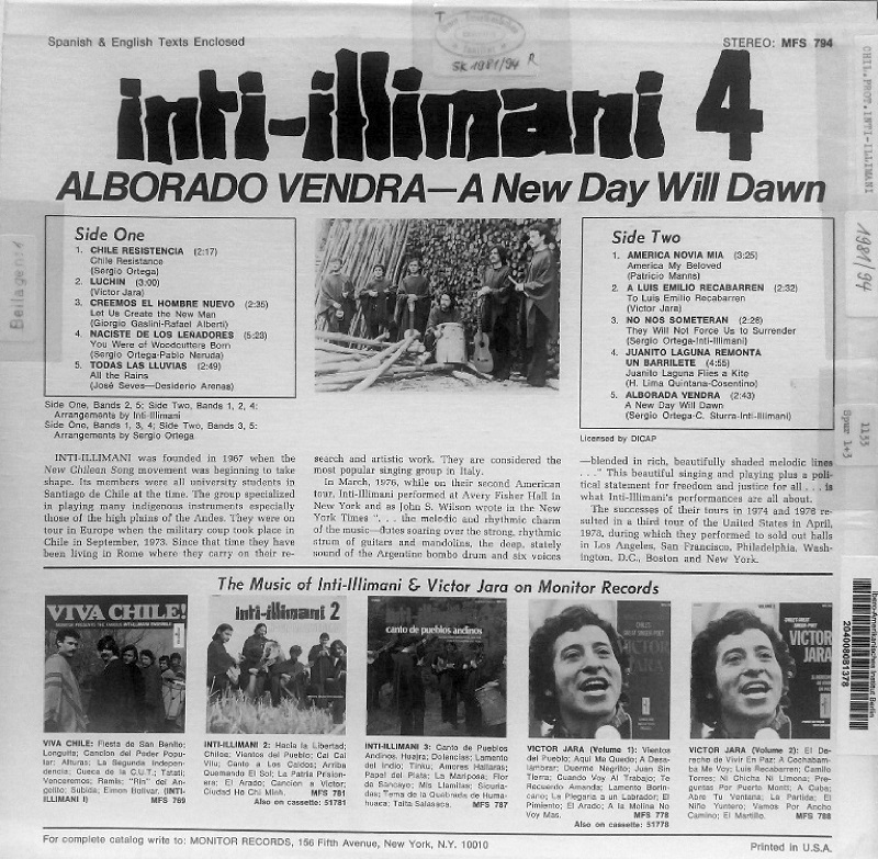 Back cover of Inti-Illimani 4 (Monitor Records, MFS794, 1981)