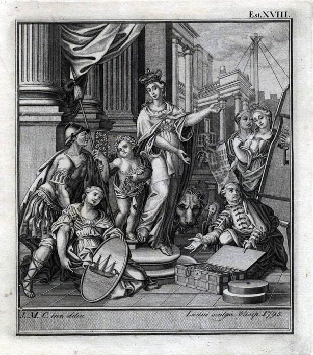 CASTRO, Machado de, 1731-1822 (Grav.); J.M.C. (Inv.). Alegoria � Monarquia Portuguesa. 1795. �gua-forte, p&b. Biblioteca Nacional de Portugal, Lisboa, Portugal. Dispon�vel em: https://purl.pt/12558. Acesso em: 20 nov. 2023.