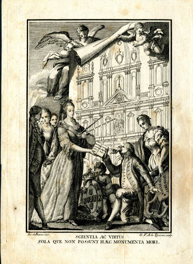 QUEIR�S, Greg�rio Francisco (Grav.); BARROS, Jer�nimo de (Inv.), �Scientia ac Virtus, Sola que non possunt haec monumenta mori�, S�c. XVIII (�ltimo quartel), p&b, Dim. da mancha: 169x111 mm. Dim. total: 209x151 mm., Cole��o Online, MC.GRA.1537. Dispon�vel em: http://acervo.museudelisboa.pt/. Museu de Lisboa, Lisboa, Portugal. Acesso em: 20 nov. 2023.