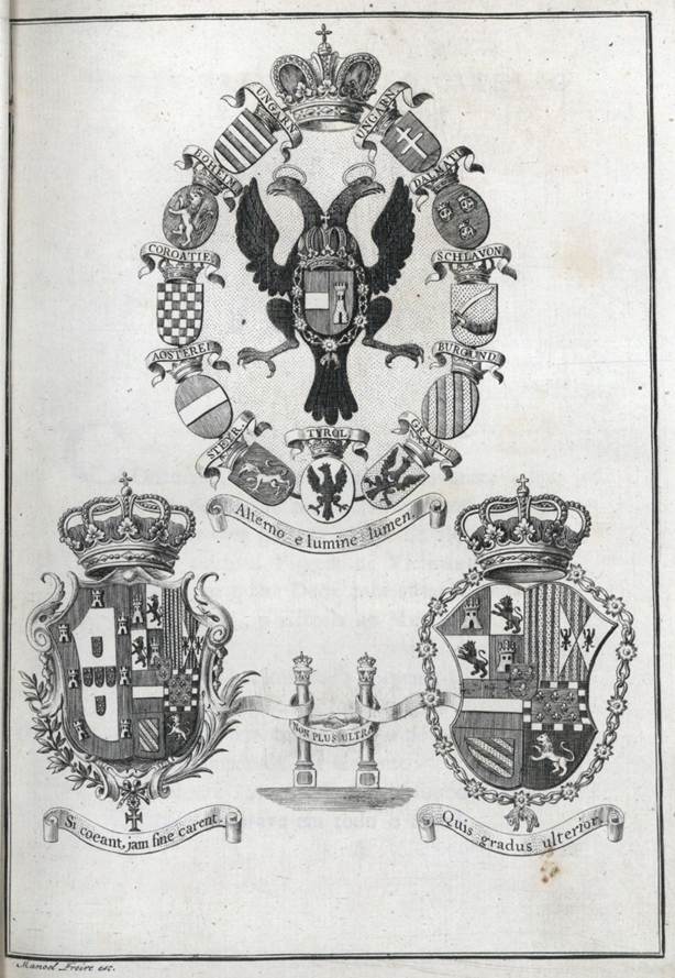 FREIRE, Manuel (Grav.); (S. Inv.) Alegoria her�ldica alusiva aos Reais Despos�rios entre o Infante D. Jo�o e D. Carlota Joaquina. 1785. Buril, p&b. Dim. n�o disp. In Sess�es Litterarias dos Alumnos da Academia dos Obsequiosos do Lugar de Sacavem..., Terceiro Tomo, Lisboa: na officina de Antonio Rodrigues Galhardo..., 1790-1791. Localizada nas p�ginas iniciais. Biblioteca Nacional de Portugal, Lisboa, Portugal. Acesso em: 20 nov. 2023. Dispon�vel em: https://purl.pt/34202.