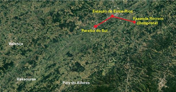Mapa da regi�o de Para�ba do Sul e do percurso tra�ado entre a cadeia p�blica e a Fazenda Recreio. Fonte: GoogleMaps, edi��o do autor.