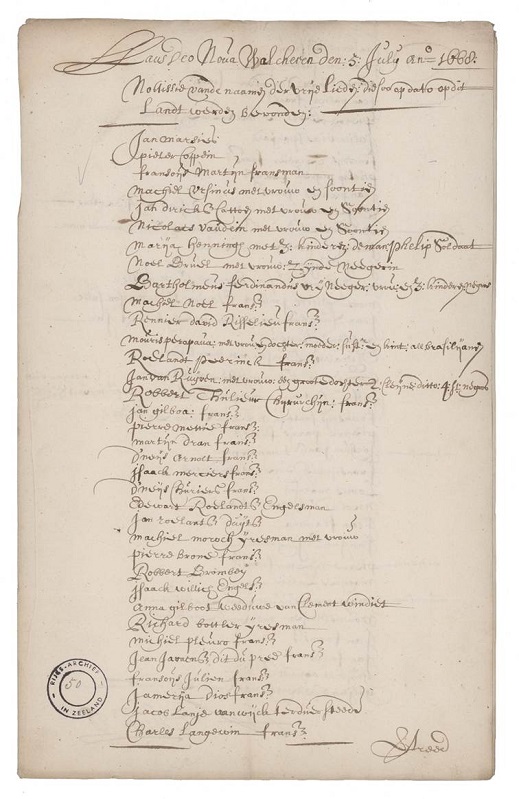 Lista das pessoas que se encontravam na Nova Walcheren em 5 de julho de 1668