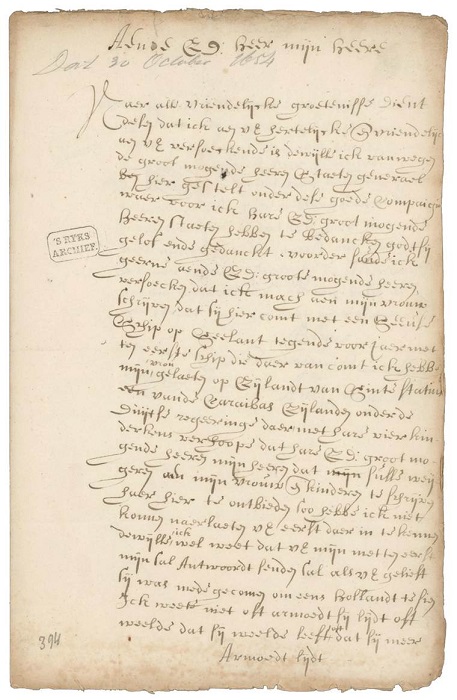 Carta de Ant�nio Paraupaba a Johan de Witt, 30-10-1654, f�lio 1