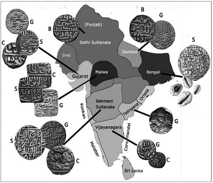 Principais divisões políticas indianas e suas moedas no século XV