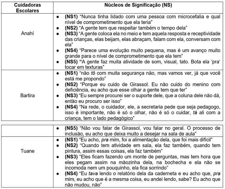 Núcleos de significação (NS) das cuidadoras escolares.