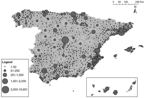 Number of creative industries by LLS in Spain (2009)