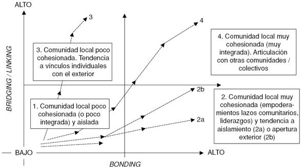 Situaciones derivadas de la combinación de diferentes stocks  de capital social bonding  y bridging/linking