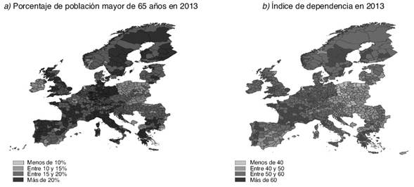Índice de envejecimiento a)  y dependencia b)  en las regiones (NUTS III) europeas, 2013