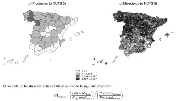 Cociente de localización de la población envejecida en España 2014: nivel provincial y municipal