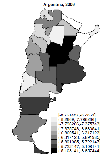Average Argentinean exports per capita in 2008, by region