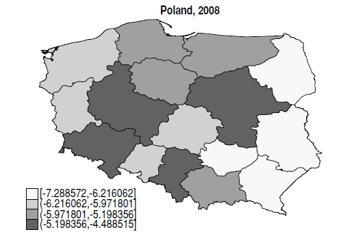 Average Polish exports per capita in 2008, by region