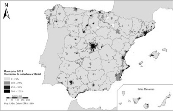 Municipios según su porcentaje de cobertura artificial, 2011