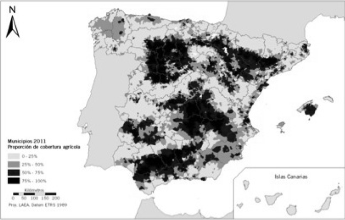 Municipios según su porcentaje de cobertura agrícola, 2011