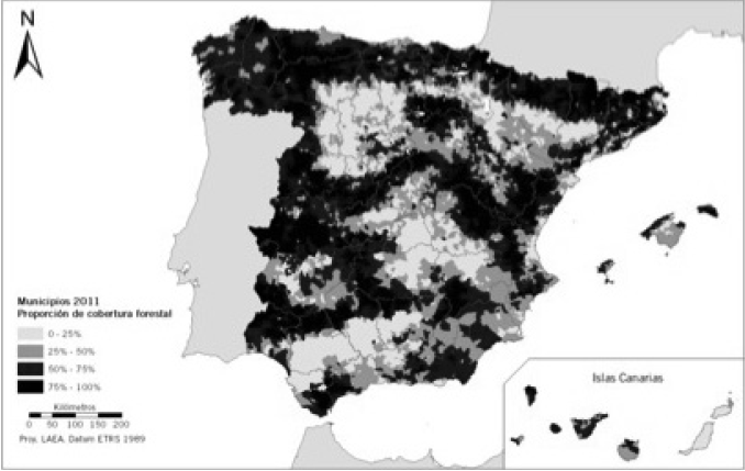 Municipios según su porcentaje de cobertura forestal, 2011