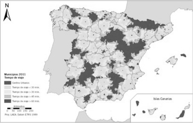 Isócronas de tiempo de viaje de los municipios a las aglomeraciones de alta densidad, 2011
