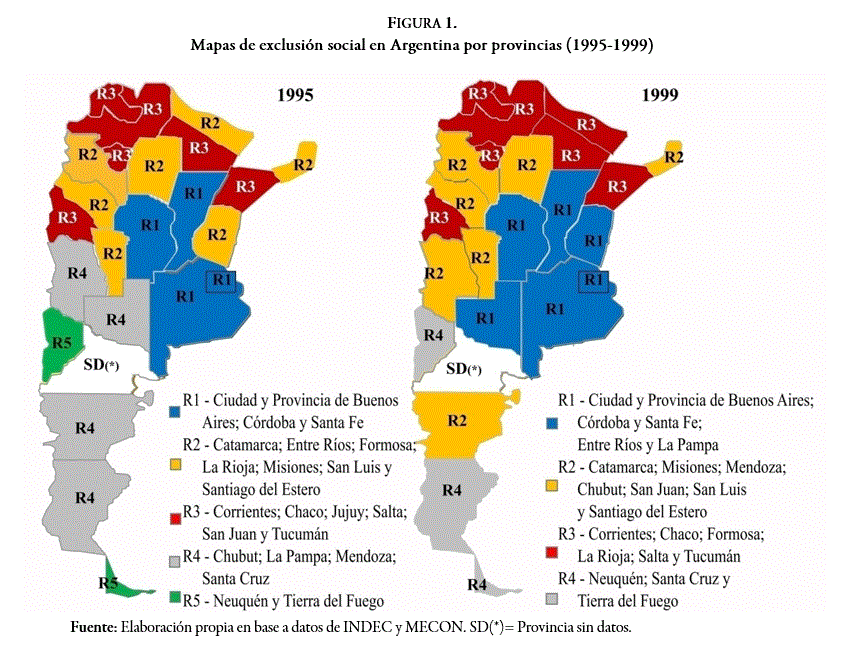Mapas de exclusi&oacute;n social en Argentina por provincias (1995-1999)
