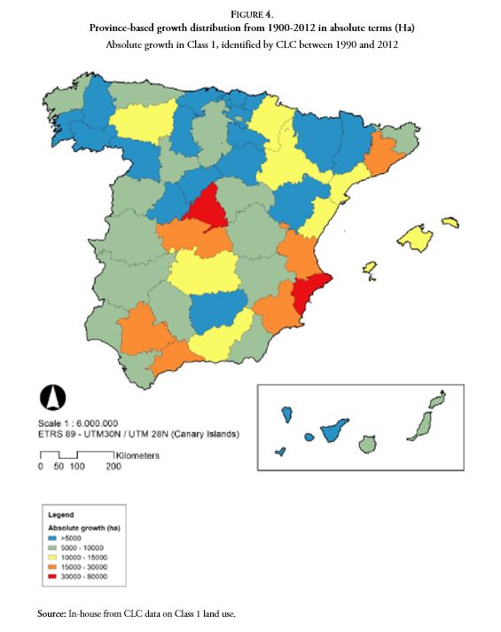 Province-based growth distribution from 1900-2012 in absolute terms (Ha)