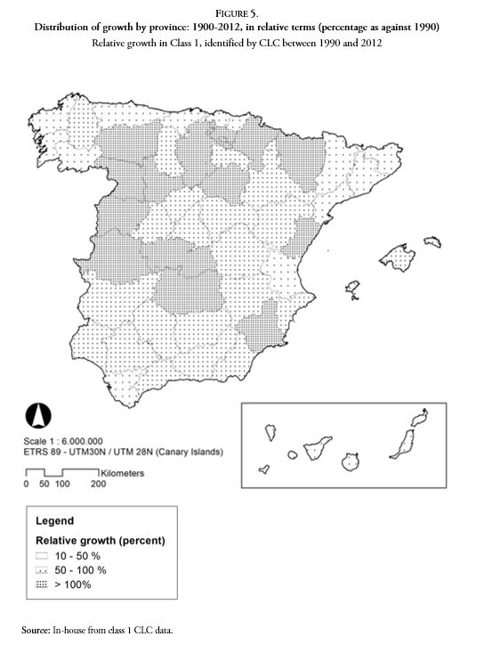 Distribution of growth by province: 1900-2012, in relative terms (percentage as against 1990)