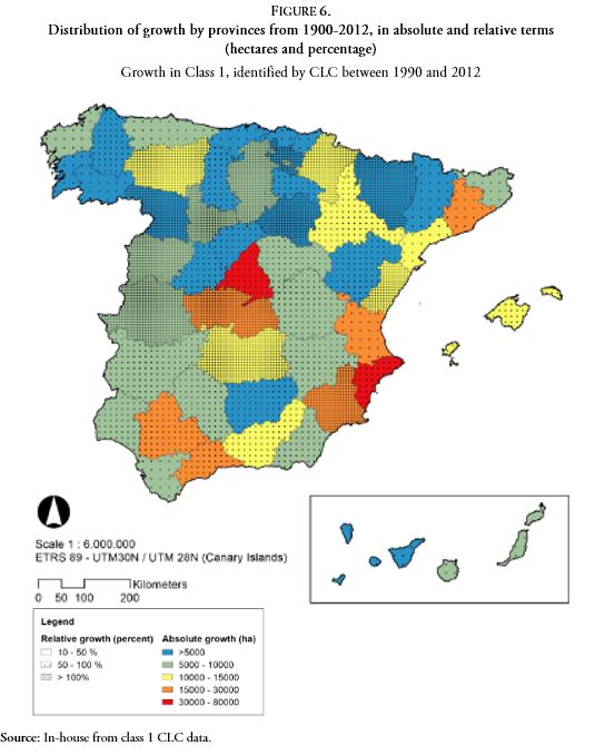 Distribution of growth by provinces from 1900-2012, in absolute and relative terms (hectares and percentage)