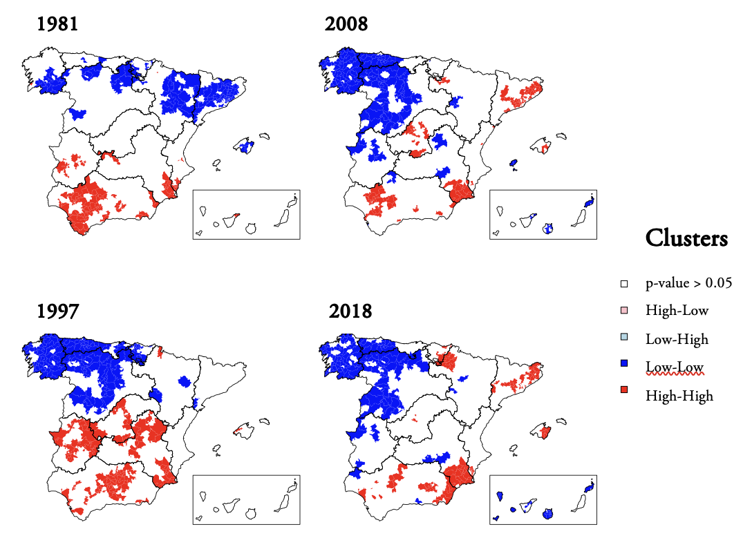 LISA maps for total fertility rate. Years 1981, 1997, 2008, and 2018. First Order Rook Contiguity