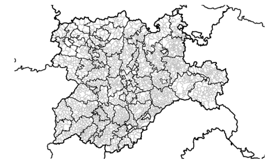 Castile and Leon 2248 municipalities (in grey) and 76 comarcas (in black)