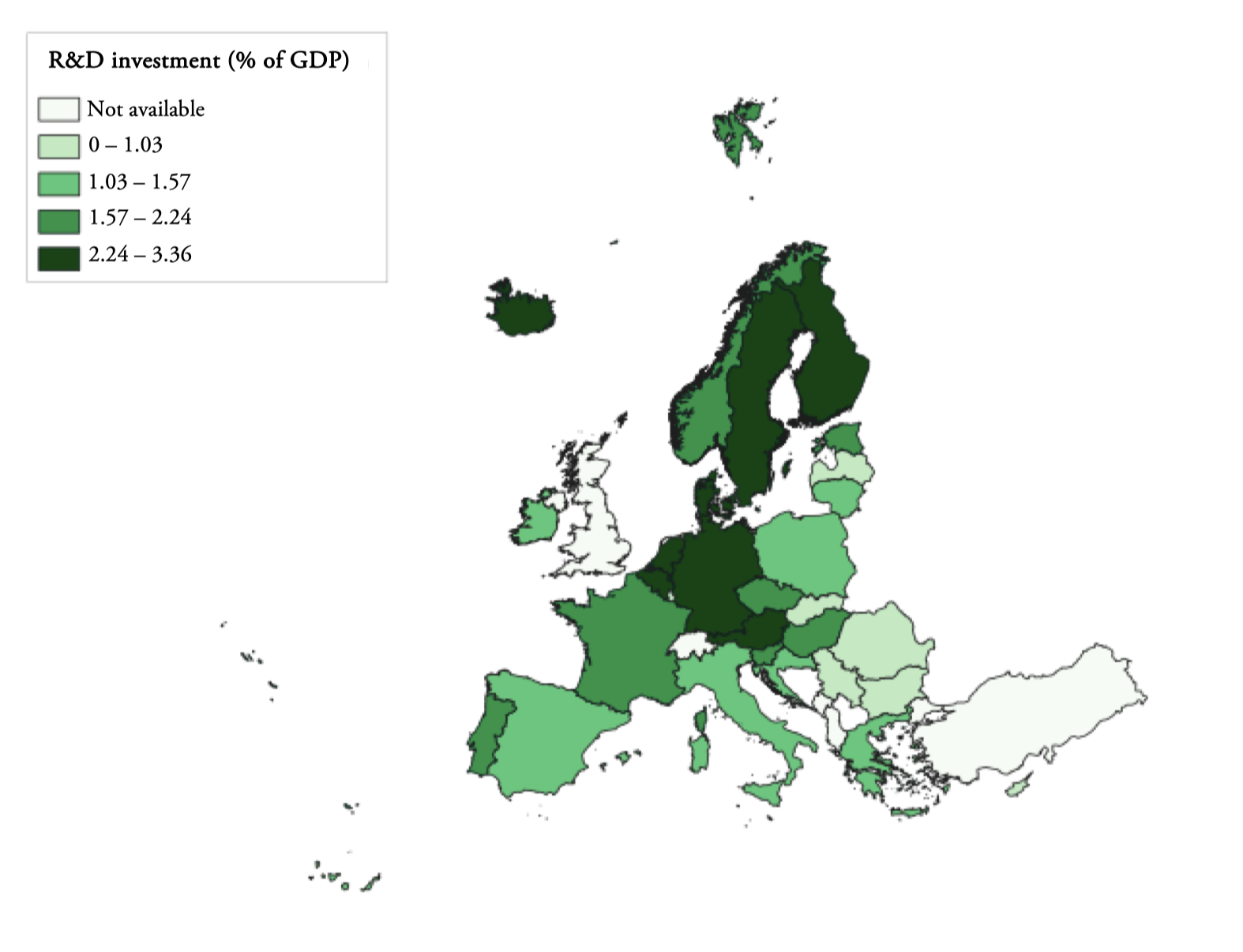 R&D expenditures measured as a % over GDP in each European country (NUTS0), 2021