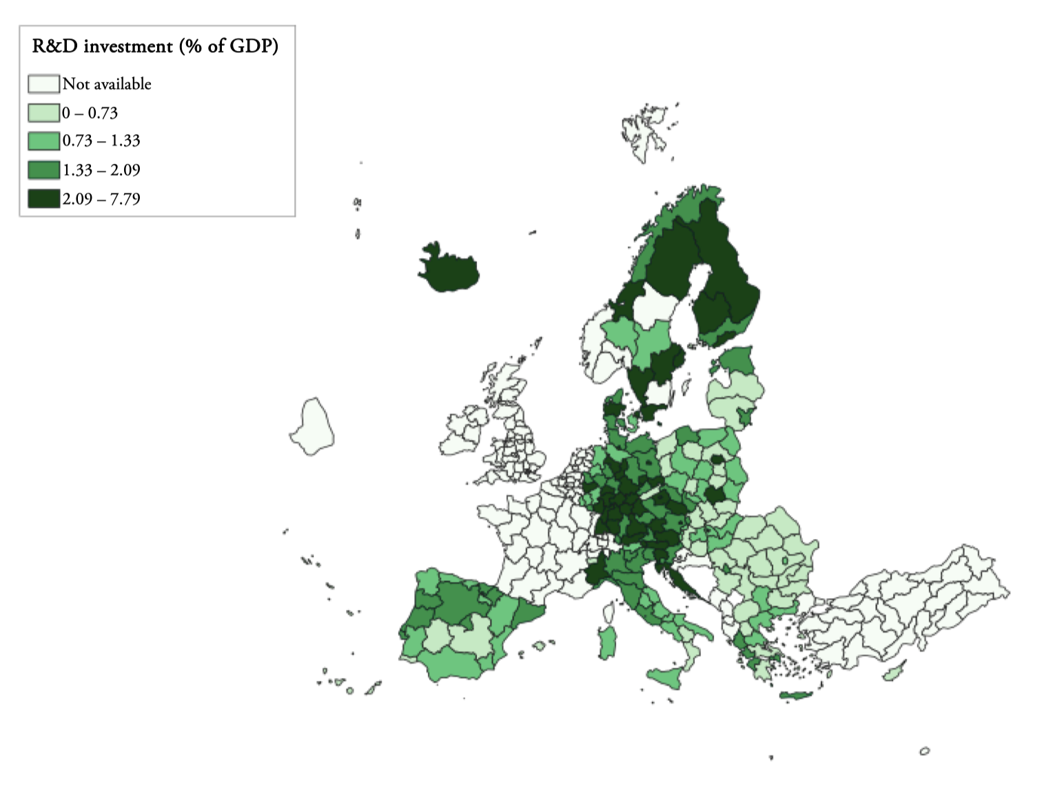 R&D expenditures measured as a % over GDP in each European region (NUTS2), 2019