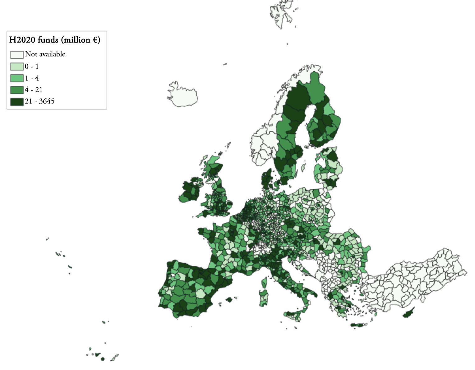H2020 funds received by each European region (NUTS3), measured in millions of euros