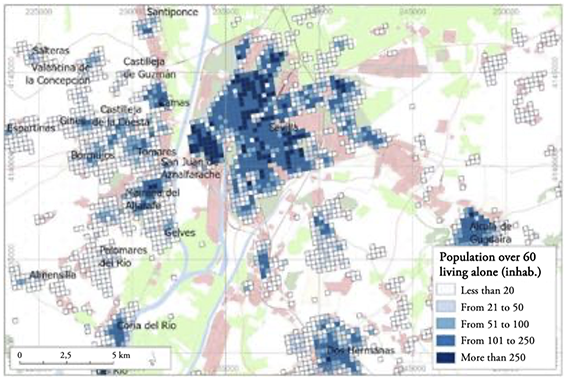 Population 60 years of age or older, living alone or in the company of people 60 years of age or older in 2020. Seville