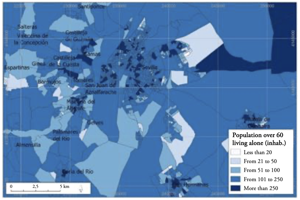 Population 60 years of age or older, living alone or in the company of people 60 years of age or older in 2020 (census tracts). Seville