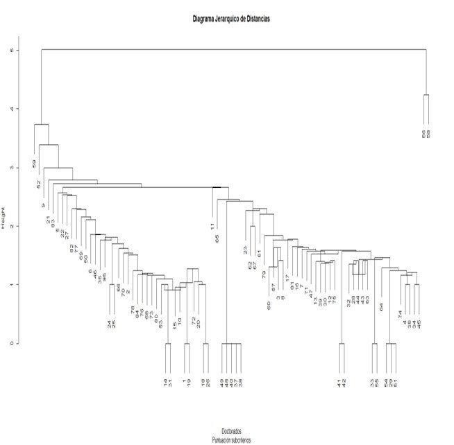 Dendograma de una muestra de programas doctorales en Chile Cada número representa un programa de doctorado sometido a acreditación