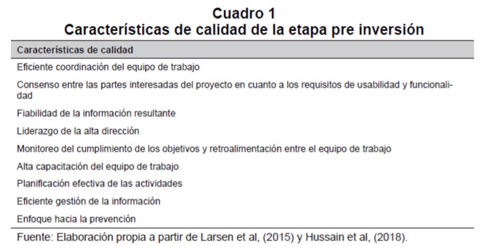 Caractersticas de calidad de la etapa pre inversin 